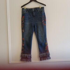 John Mark Blue Flared Jeans with Multicolor Floral Embroidery and Fringe Hem